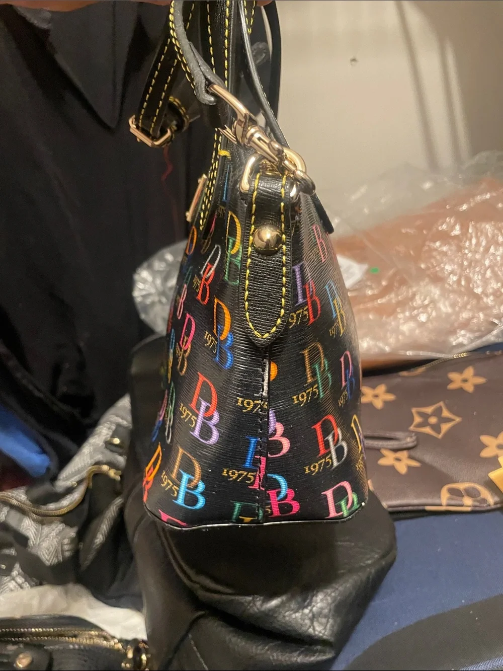 Dooney & Bourke Black Satchel with Multicolor DB Logo Print
